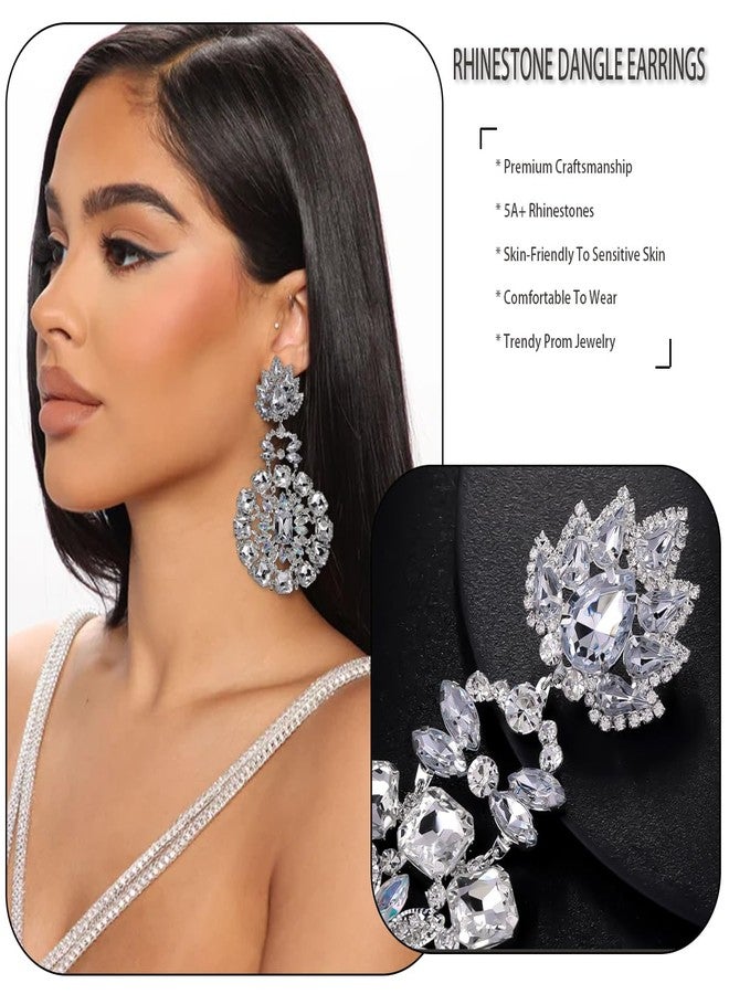 XSBODY Costume Silver Large Rhinestone Earrings Dangling Trendy Bling Oversized Statement Earrings For Women Formal (Silver7) - Image 4